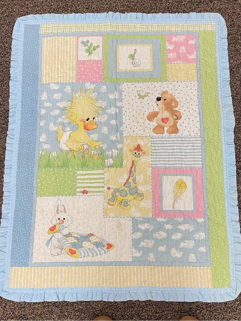 Vintage 1980s Whimsical Pastel Baby Crib Quilt - Duck Bear Giraffe Bunny